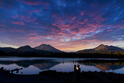 Stunning South Sister and Broken Top at sunset during a fall engagement session at Sparks Lake
