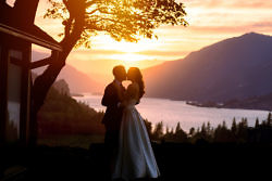 Couple kissing at sunset in the Columbia River Gorge.