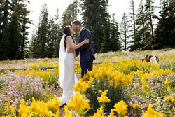 first look of a bride and groom in wildflowers
