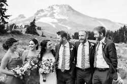 wedding party at timberline lodge in front of Mt Hood